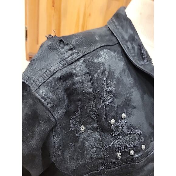 Mens Smoke Rise Distressed Denim Jacket With Patches Size XL Black Studded - Picture 10 of 16